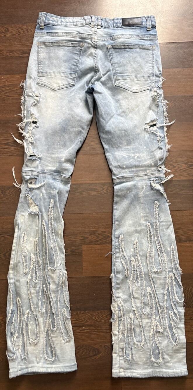 Smoke Rise Flame Patch Distress Jeans 32x34 Rare Find